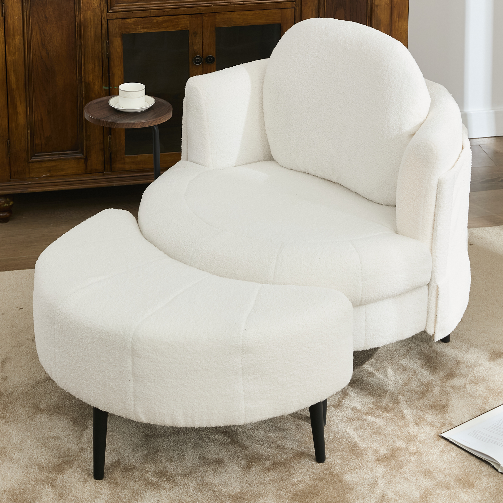 [NEW ARRIVED]  42.5' Single sofa chair,One-piece side table,With Cresent-Shaped footstool,Movable footstool,Small living room, Study,Removable Headrest,Wraparound armrests ,Lamb velvet fabric,White SolidRoot Buy Furniture USA