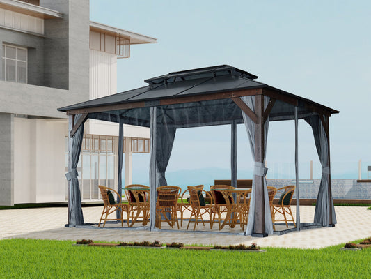 10' x 13' Hardtop Wood Gazebo for Patios, Outdoor  Framed Gazebo with Polycarbonate Double Roof Canopy, Solid Wooden Framed Gazebo with Privacy Curtains and Mosquito Nettings for Garden, Backyard SolidRoot Buy Furniture USA