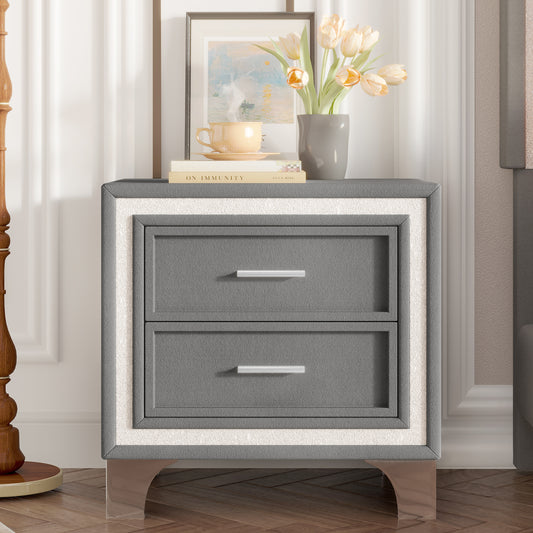 Mid Century Vintage Nightstand with Silver Glitter Strip Decor and Metal Legs, Velvet Bedside Table with 2 Drawers, Fully Assembled Except Legs and Handles, Gray SolidRoot Buy Furniture USA