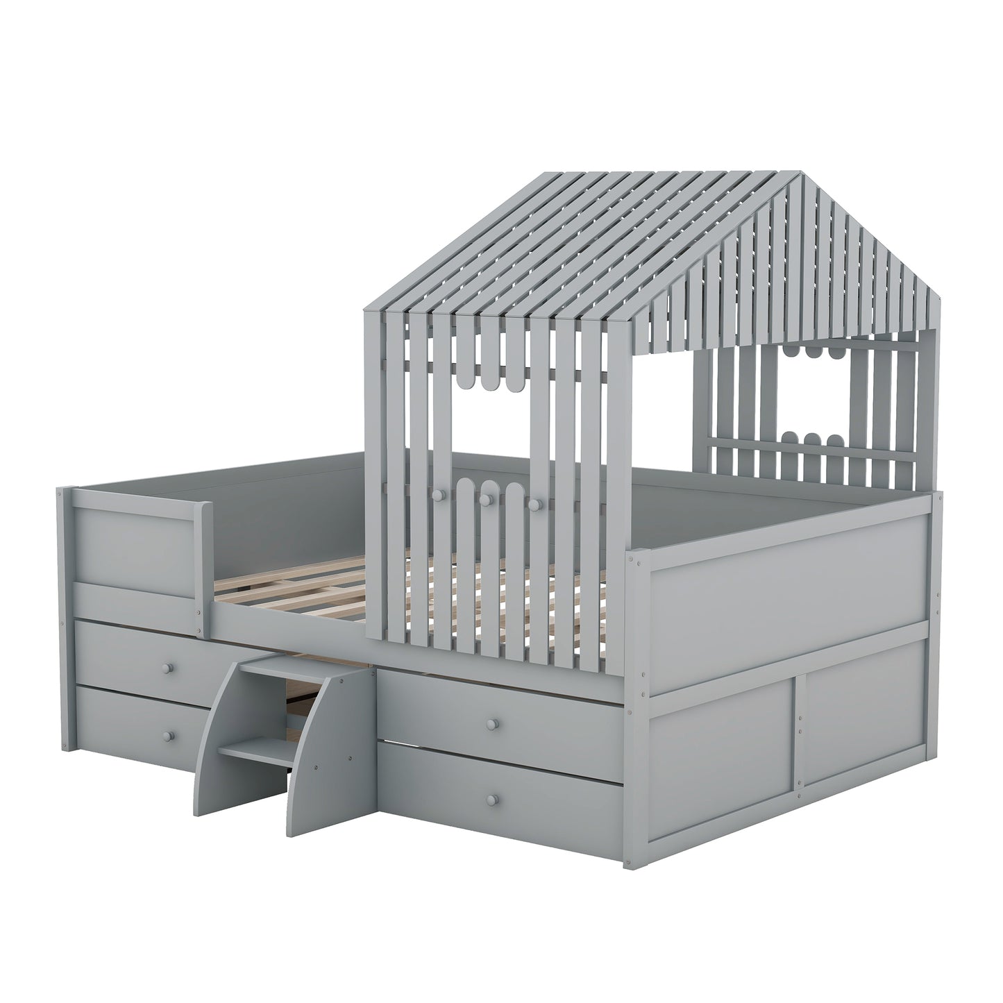 Full Size House Low Loft Bed with Four Drawers,Gray