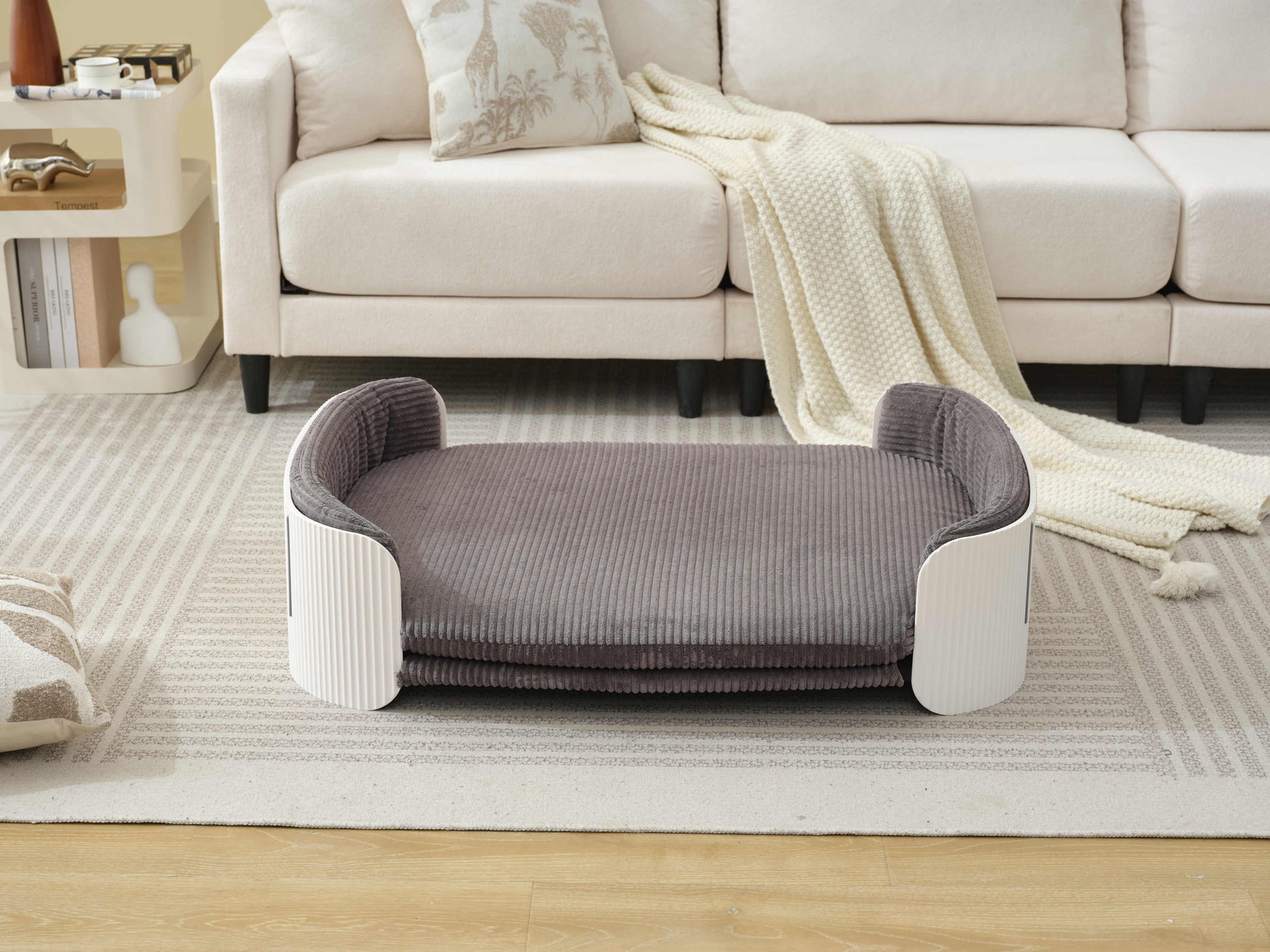 Scandinavian style Cat Couch Bed, Pet Sofa for Indoor Cats PP Indoor Pet Furniture Elevated Cat Beds with Removable Mattress Cover Suitable for Mid or Large  Animal Brand Design White+Grey SolidRoot Buy Furniture USA
