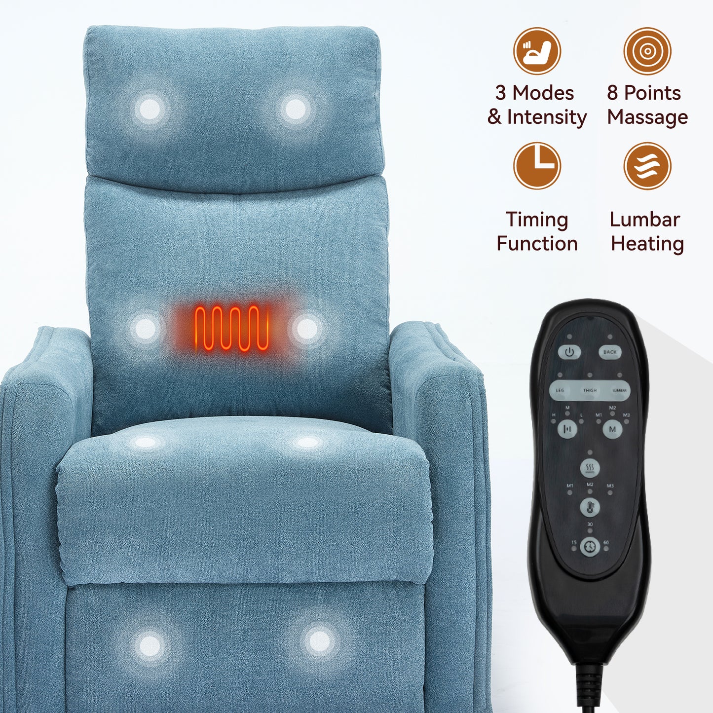 Heat Massage Manual Recliner Chair with Rocker and Swivel in Fabric for Living Room, Blue