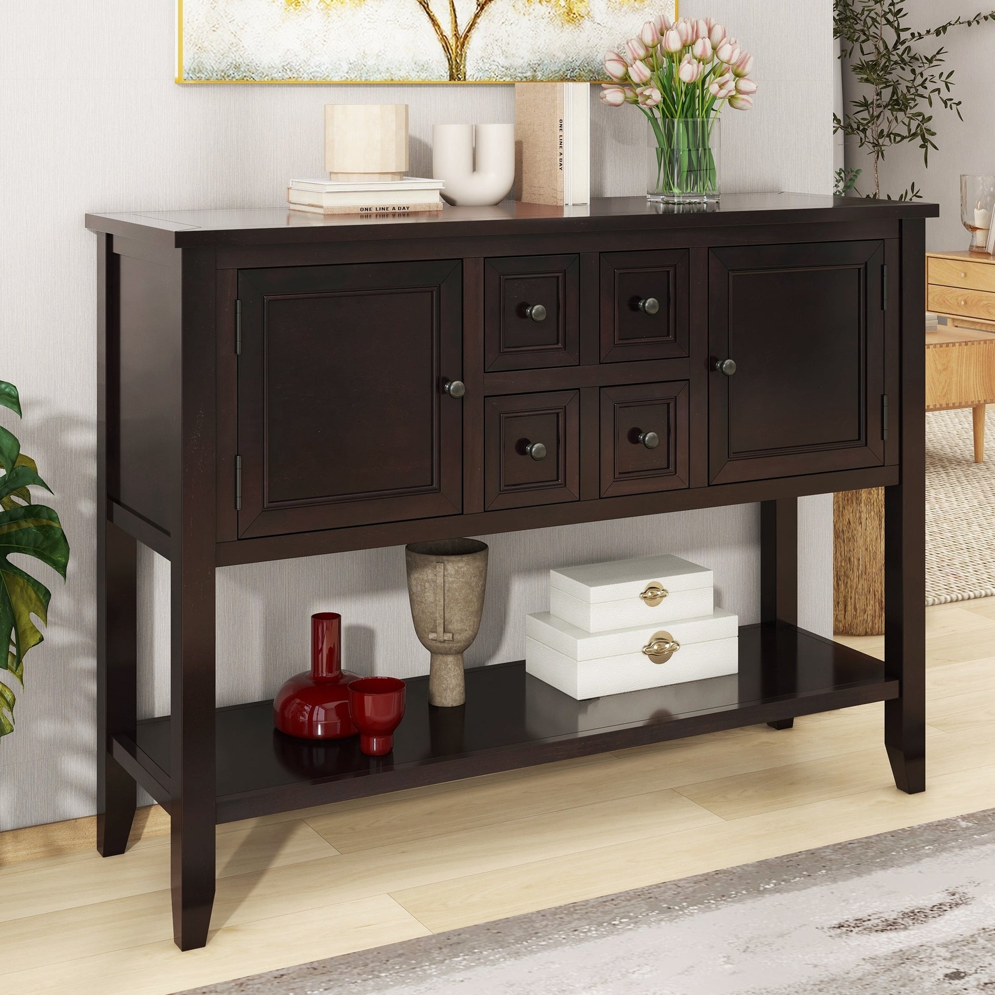 TREXM Cambridge Series  Ample Storage Vintage Console Table with Four Small Drawers and Bottom Shelf for Living Rooms, Entrances and Kitchens (Espresso, OLD SKU: WF190263AAP) SolidRoot Buy Furniture USA