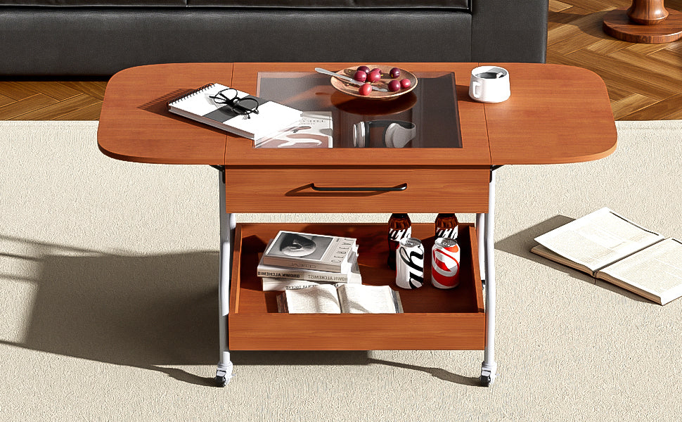 Modern Extended Coffee Table with Wheels, Folding Coffee Table with 1 drawer and 2-Tier Storage, Metal Frame Coffee Table for Living Room