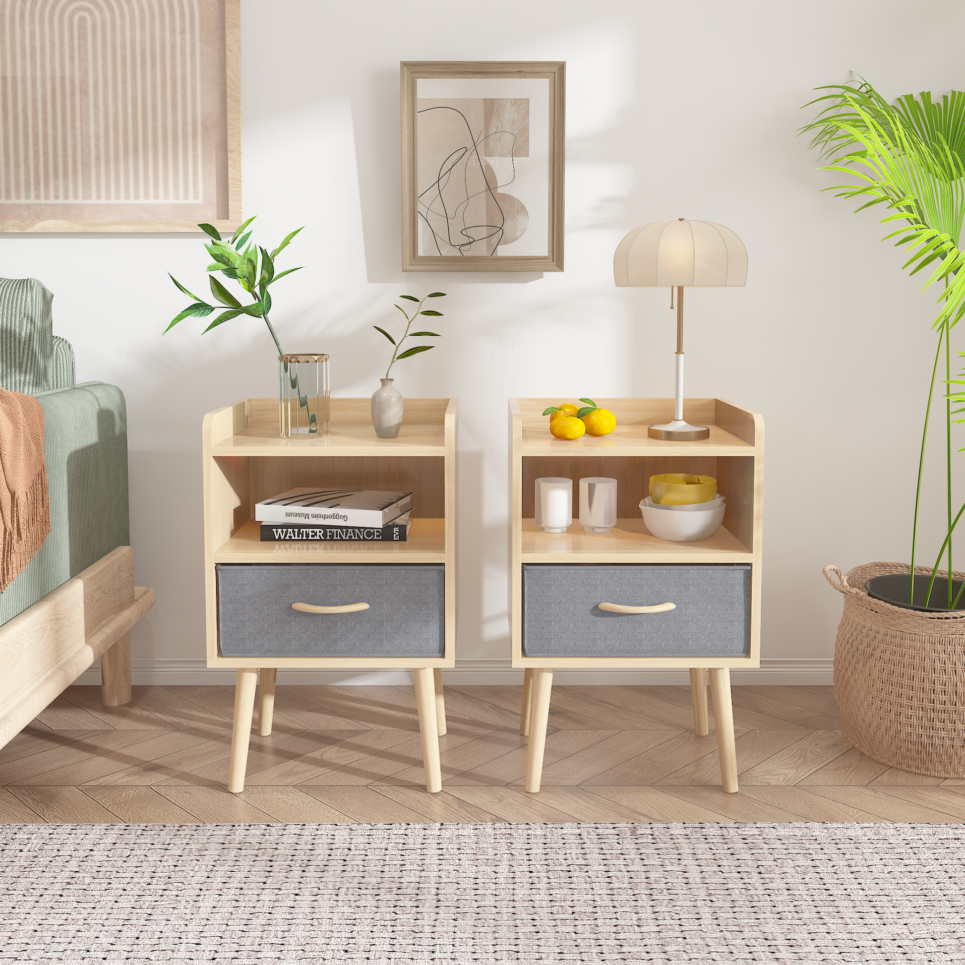 2PC Nightstand With Collapsible Fabric Drawer, 2-Tier Storage End Table, Wood Side Table with Storage Cabinet for Bedroom, Living Room - Oak SolidRoot Buy Furniture USA