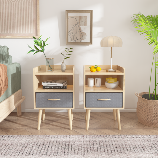 2PC Nightstand With Collapsible Fabric Drawer, 2-Tier Storage End Table, Wood Side Table with Storage Cabinet for Bedroom, Living Room - Oak SolidRoot Buy Furniture USA