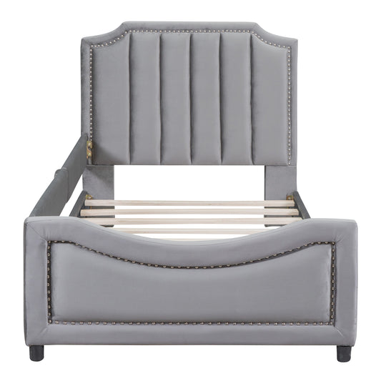 Twin Size Upholstered Daybed with Classic Stripe Shaped  Headboard, Gray - SolidRoot Buy Furniture USA