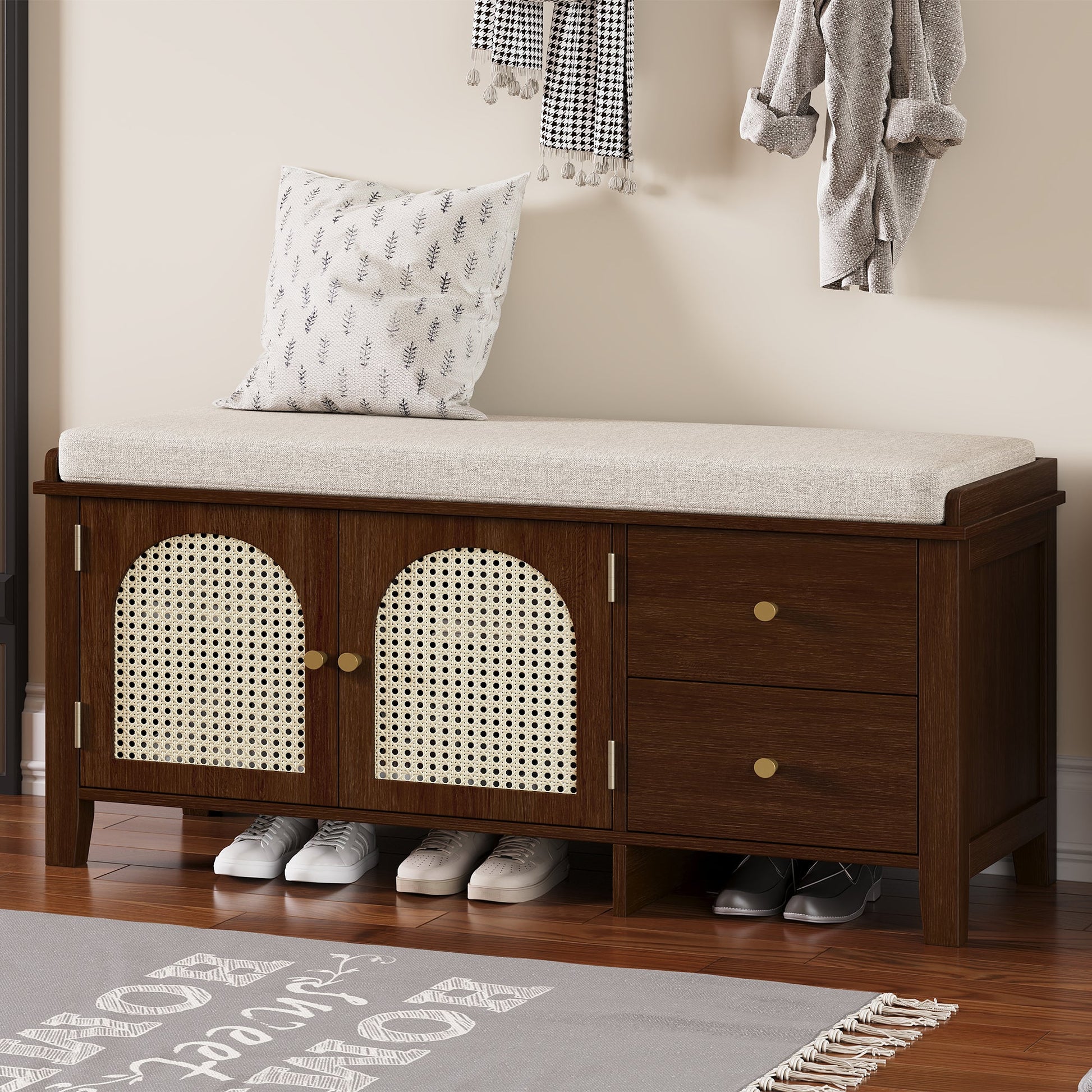 TREXM Shoe Storage Bench, Vintage Shoe Bench with Storage and Cushion, Shoe Bench with 2 Drawers and 2 Rattan Door for Entryway, Bedroom, Living Room, Espresso SolidRoot Buy Furniture USA