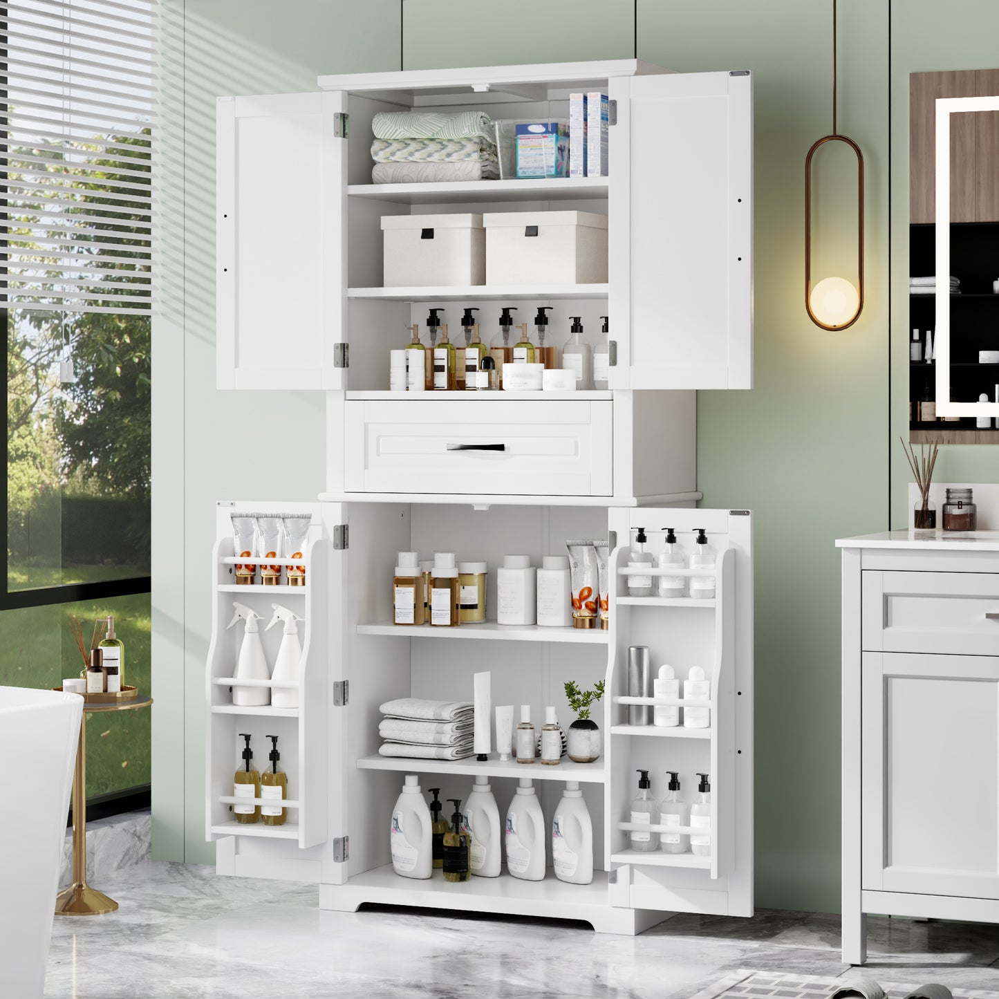 Bathroom Storage Cabinet with Multi-Functional Storage Space, Drawer with Slide Rails, Adjustable Shelf, White