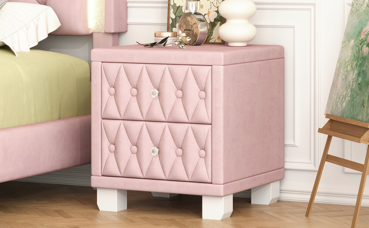 Elegant Velvet Nightstand with 2 Drawers and Crystal Handle, Storage Bedside Table with Button-Tufted, Pink