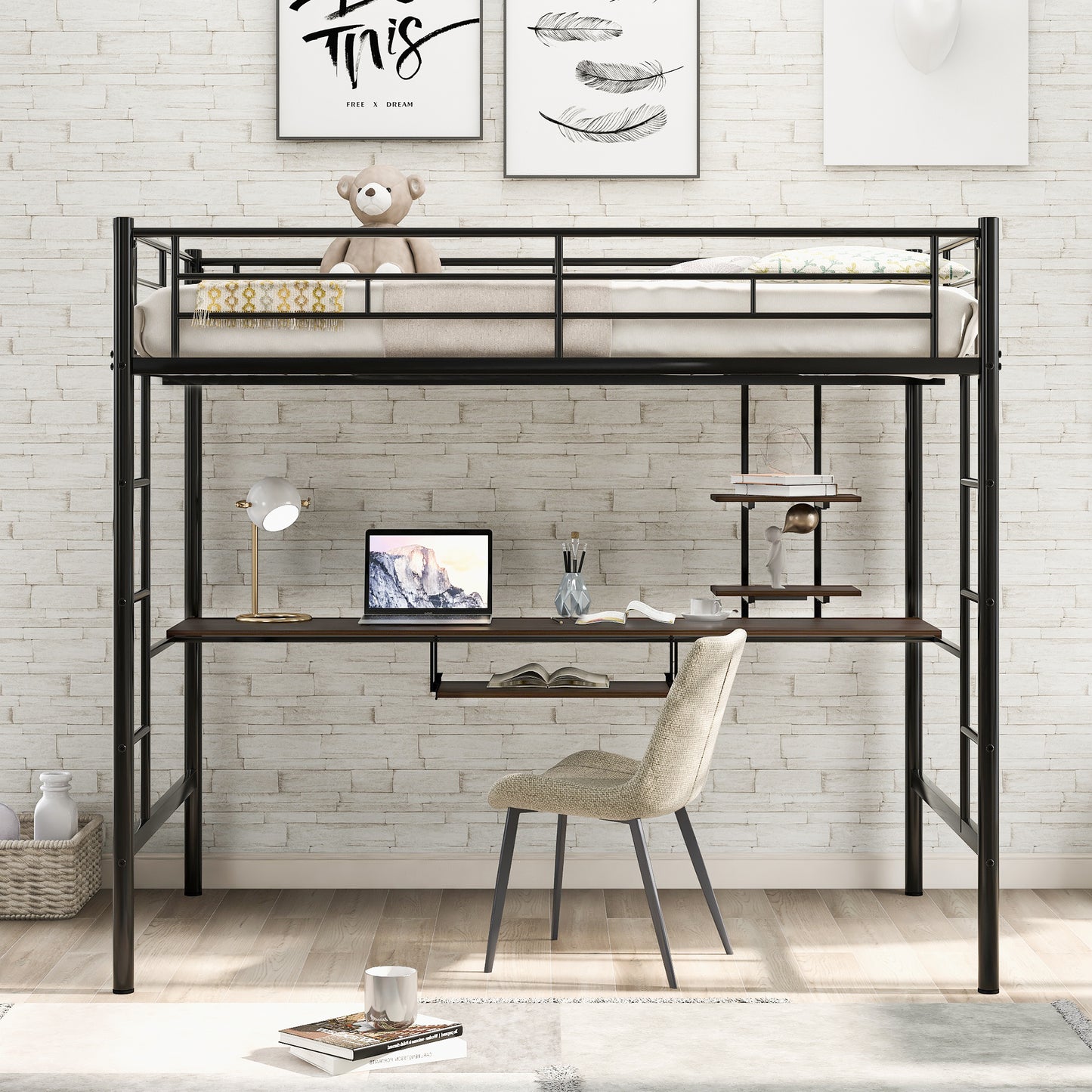 Loft Bed with Desk and Shelf , Space Saving Design,Full,Black(OLD SKU:MF199506AAB)