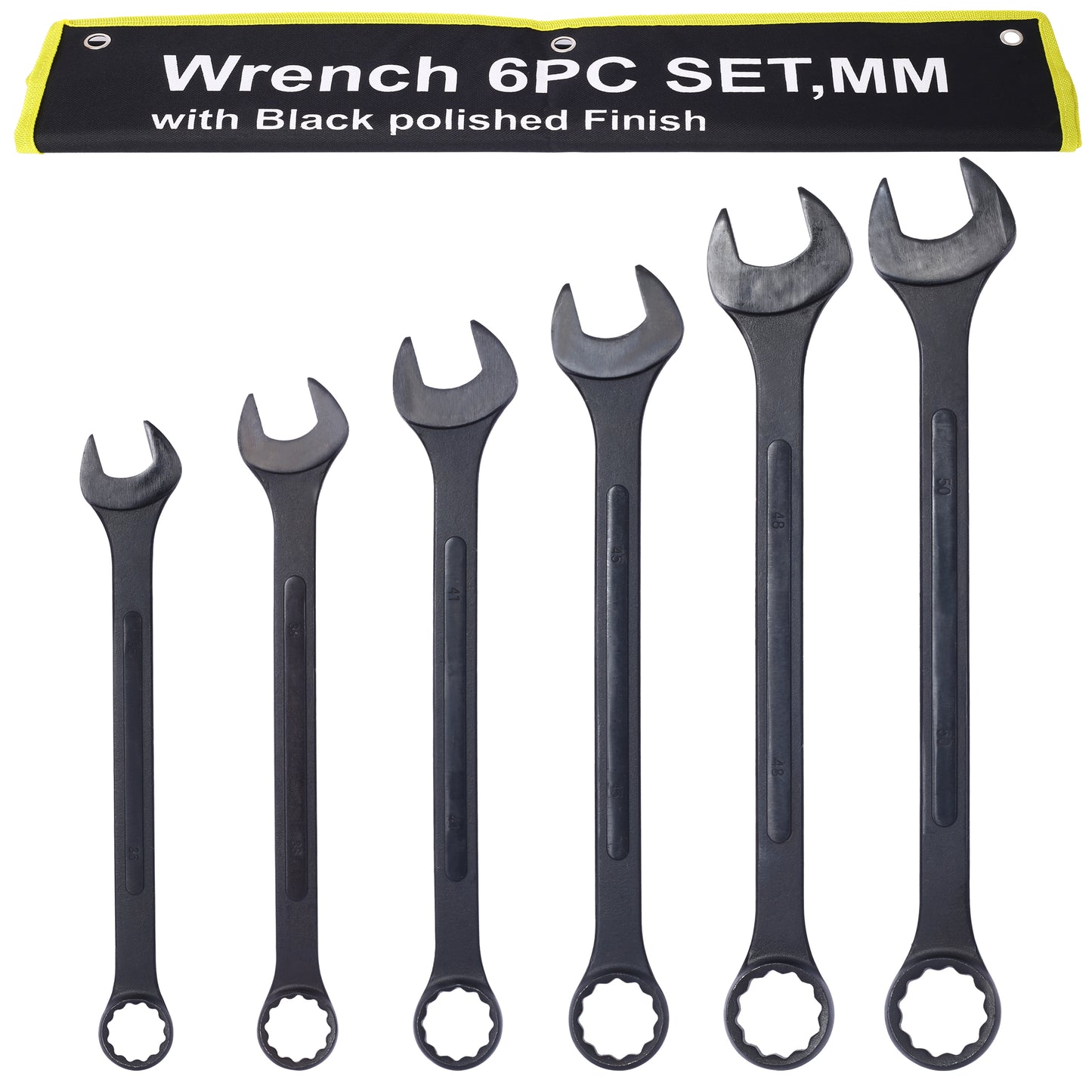 Jumbo Combination Wrench Set extra large, Metric, 6-piece, 35mm to 50mm,Black Oxide, with Pouch