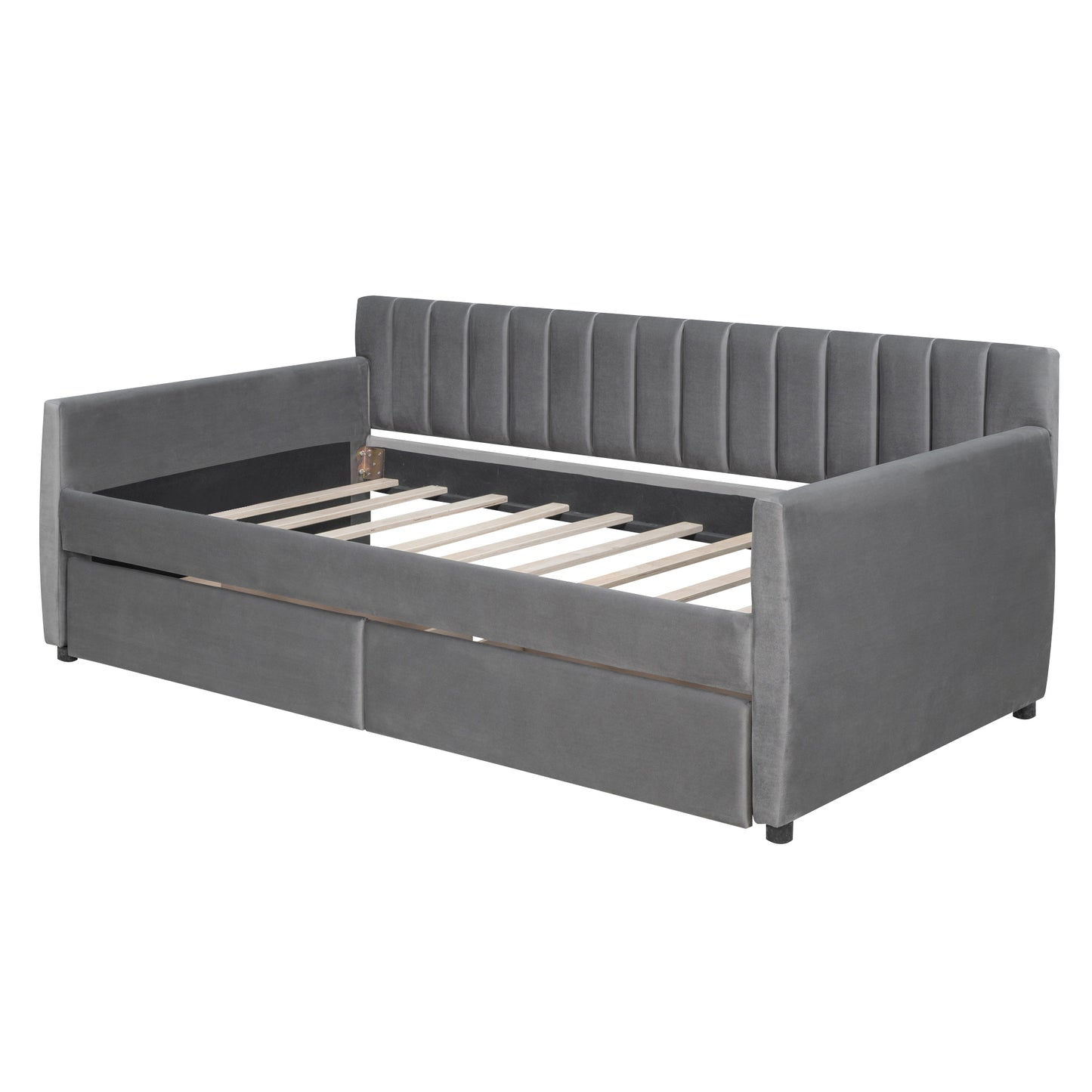 Twin Size Upholstered daybed with Drawers, Wood Slat Support, Gray