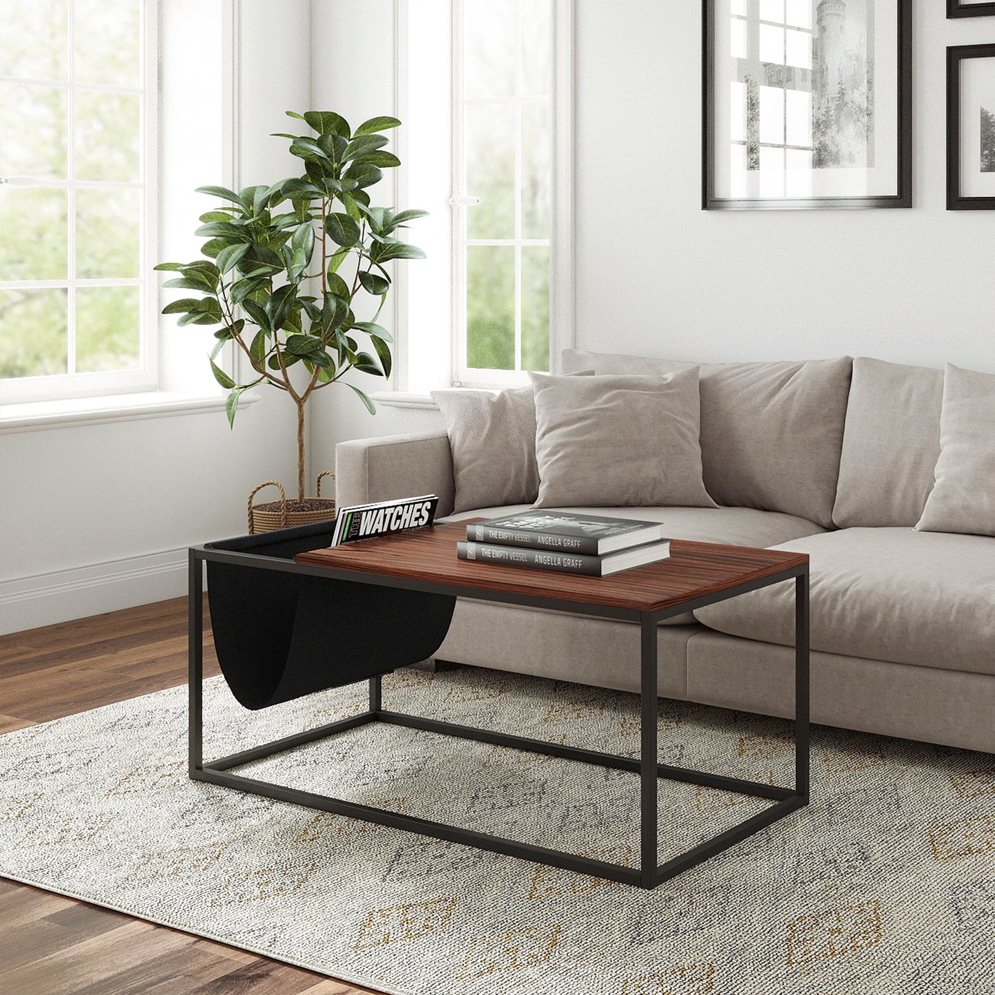 Riley Indoor  Walnut Sofa Table with Metal Frame and Canvas Hanger