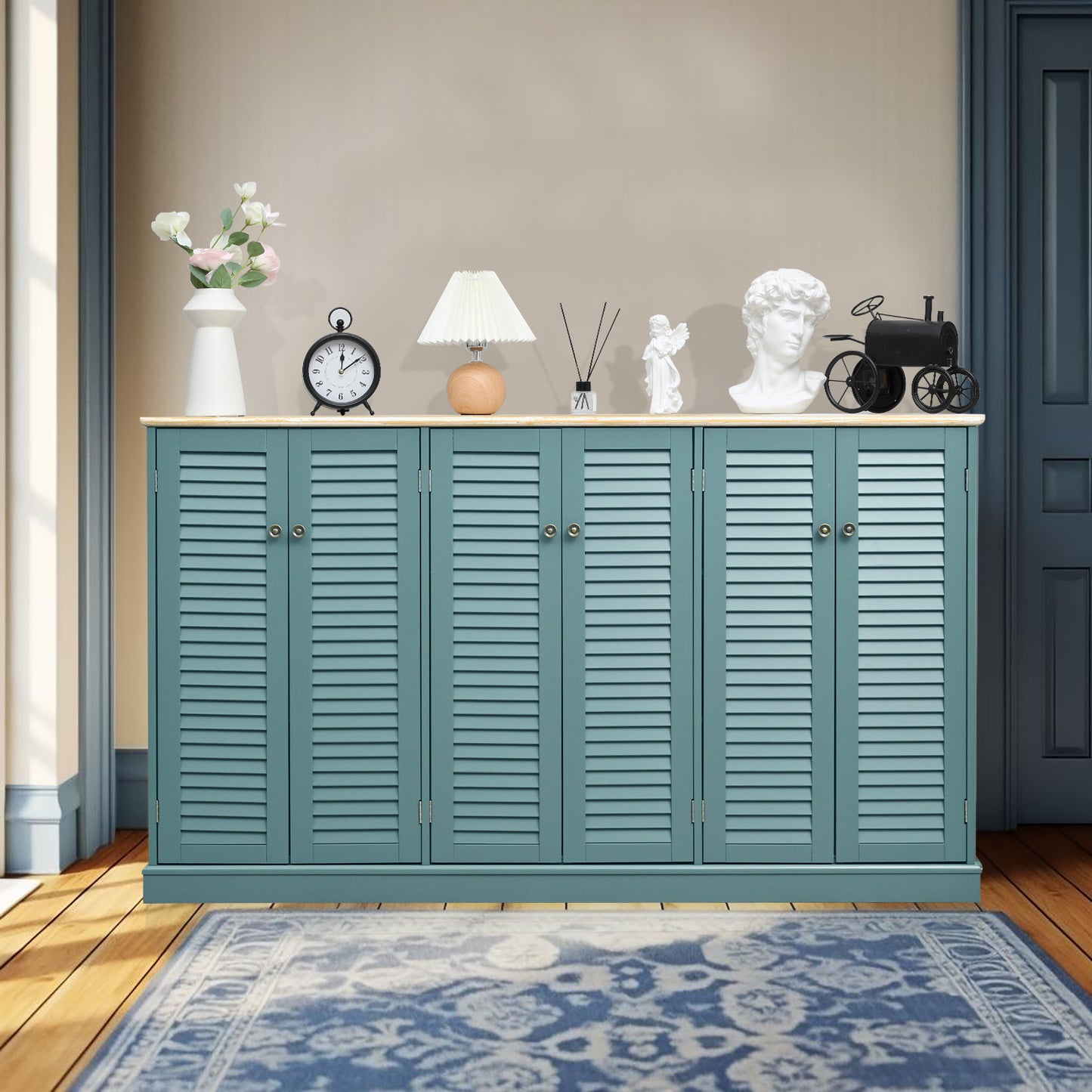 Farmhouse Sideboard Buffet Cabinet Storage with 6 Shutter Door for Kitchen & Living Room Storage Cabinet, Wood Coffee Bar, Teal Color, 11.75' D x 63' W x 36.75' H SolidRoot Buy Furniture USA