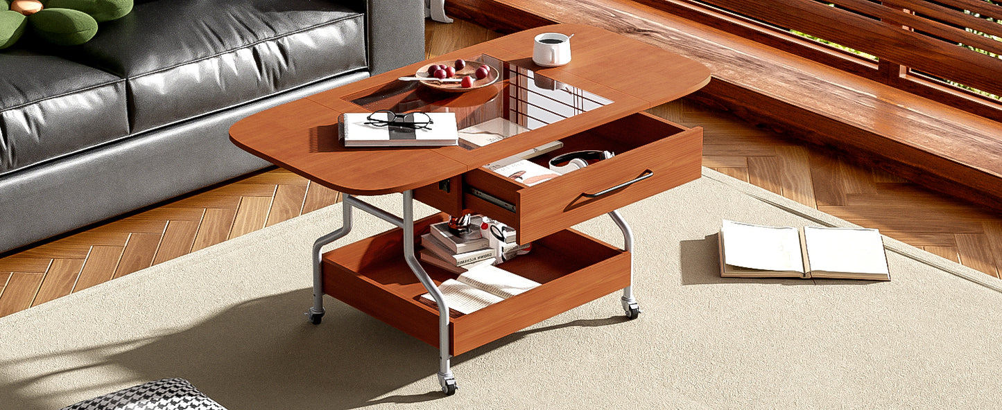 Modern Extended Coffee Table with Wheels, Folding Coffee Table with 1 drawer and 2-Tier Storage, Metal Frame Coffee Table for Living Room