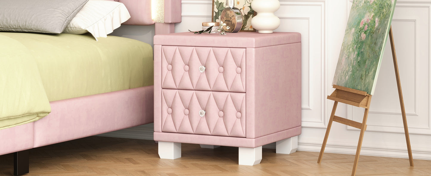 Elegant Velvet Nightstand with 2 Drawers and Crystal Handle, Storage Bedside Table with Button-Tufted, Pink