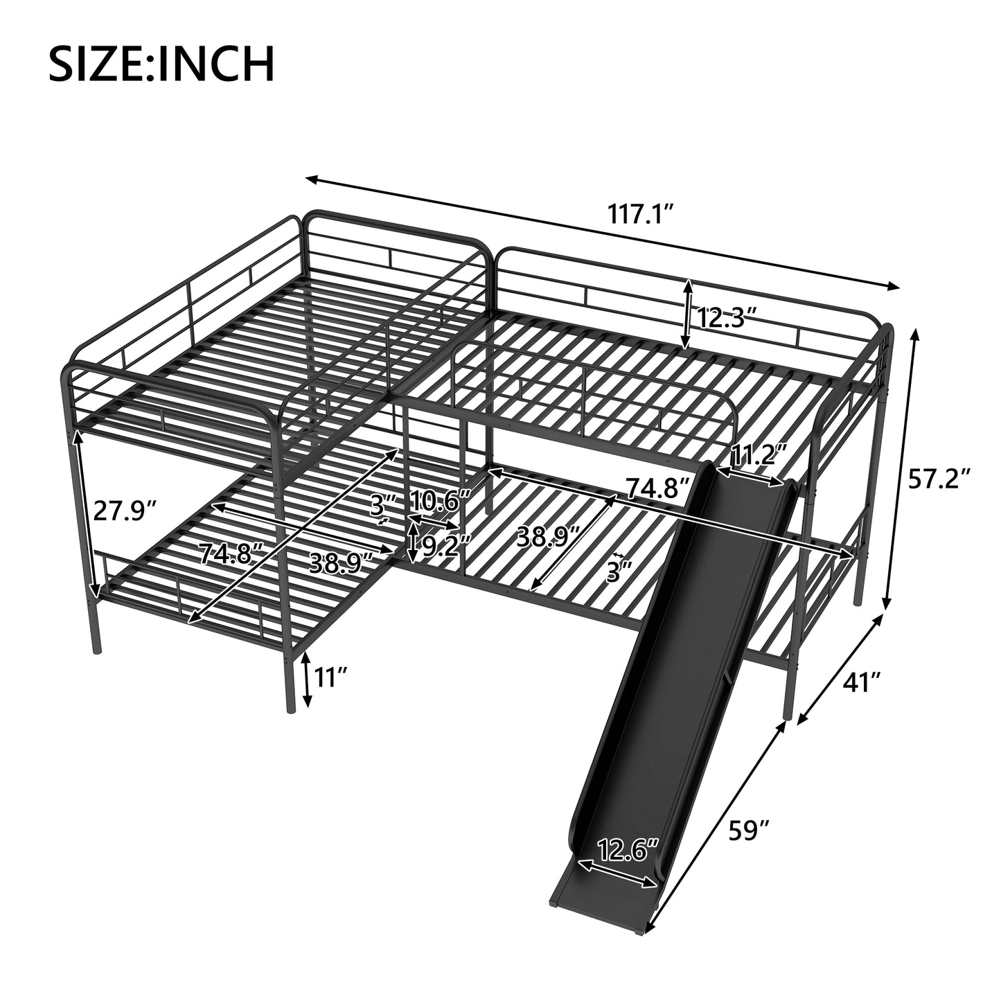 Twin Size L-Shaped Bunk Bed with Slide and Ladder, Black(OLD SKU:GX000615AAB)