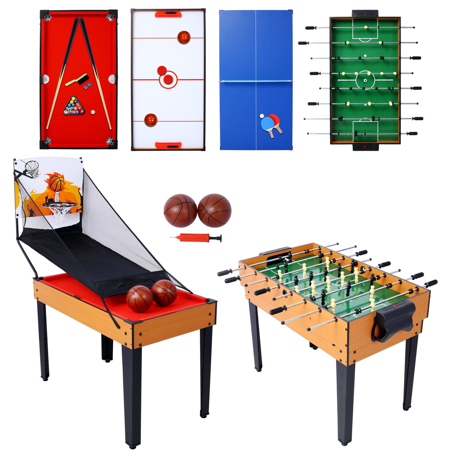 5-in-1 Multi-Game Table - Billiards, Push Hockey, Foosball, Ping Pong, and Basketball  brown/red