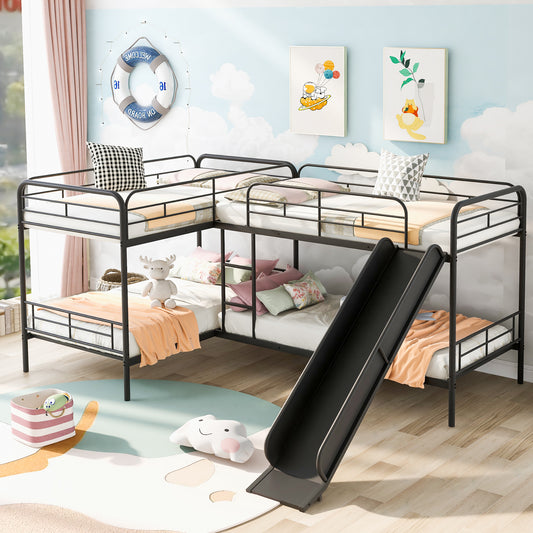 Twin Size L-Shaped Bunk Bed with Slide and Ladder, Black(OLD SKU:GX000615AAB)