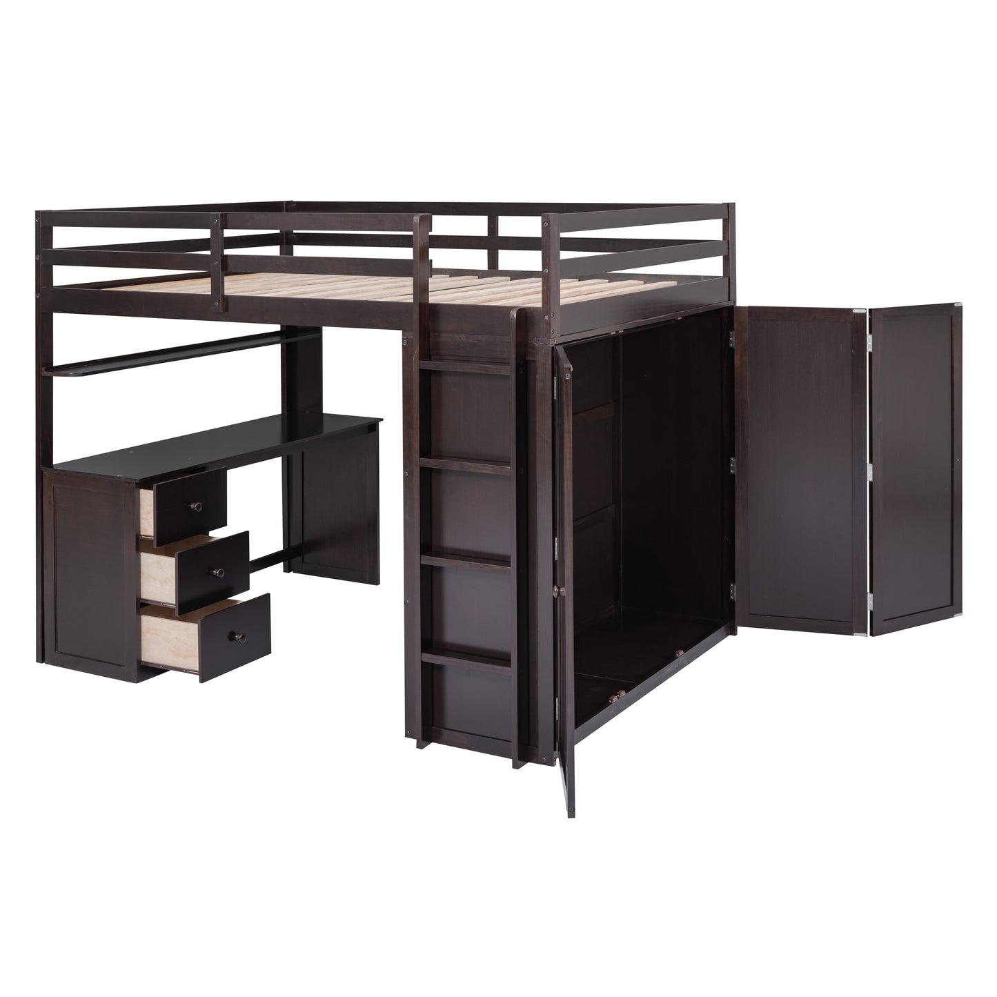 Full size Loft Bed with Drawers,Desk,and Wardrobe-Espresso