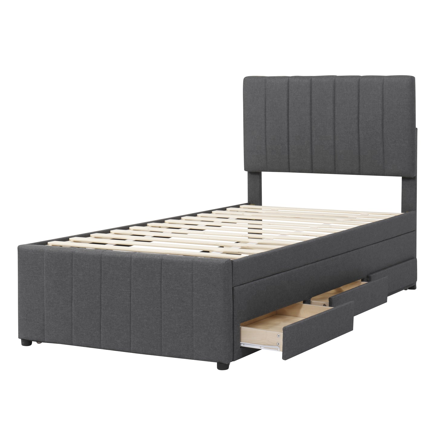 Twin Size Upholstered Platform Bed with Trundle and 3 Drawers, Linen Fabric, Gray