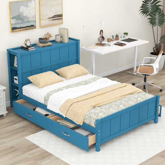 Full Size Platform Bed with Drawers and Storage Shelves, Blue