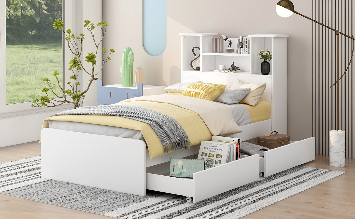 Twin Size Storage Platform Bed Frame with 4 Open Storage Shelves and 2 Storage Drawers,LED Light,White