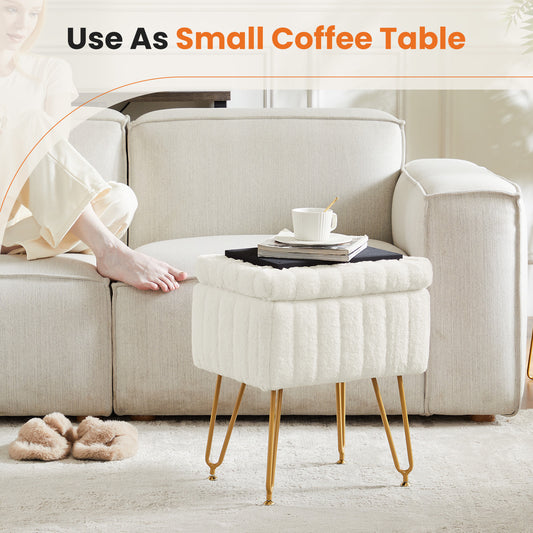 Vanity Stool Chair with Storage, Ottoman Faux Fur Soft Padded Makeup Footstools Seat with 4 Metal Legs Anti-Slip Adjustable Feet Modern,white - SolidRoot Buy Furniture USA