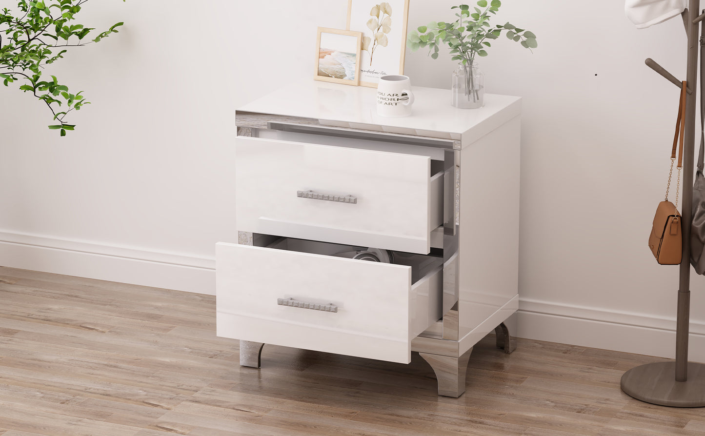 Elegant High Gloss Nightstand with Metal Handle,Mirrored Bedside Table with 2 Drawers for Bedroom,Living Room,White