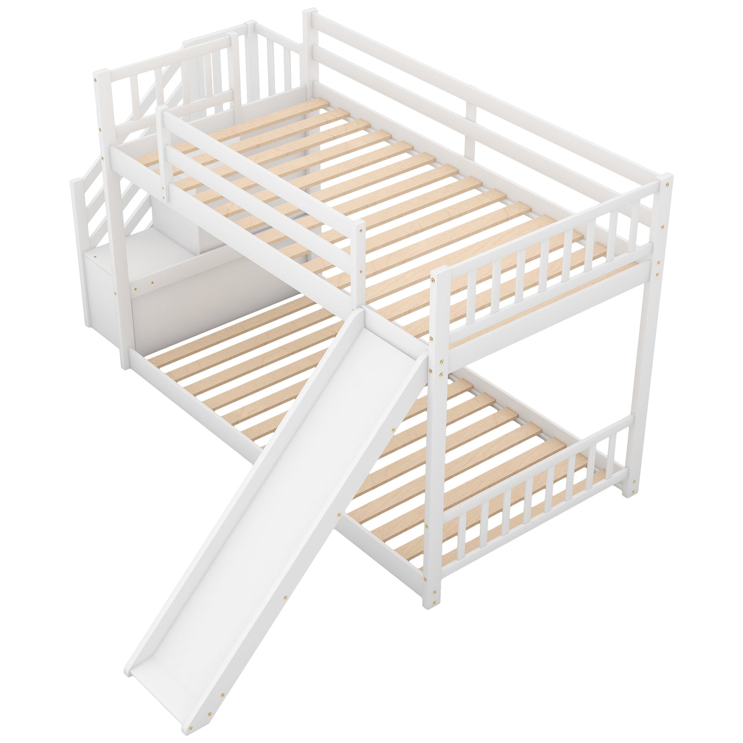 Twin over Twin Bunk Bed with Convertible Slide and Stairway, White