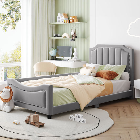 Twin Size Upholstered Daybed with Classic Stripe Shaped  Headboard, Gray - SolidRoot Buy Furniture USA