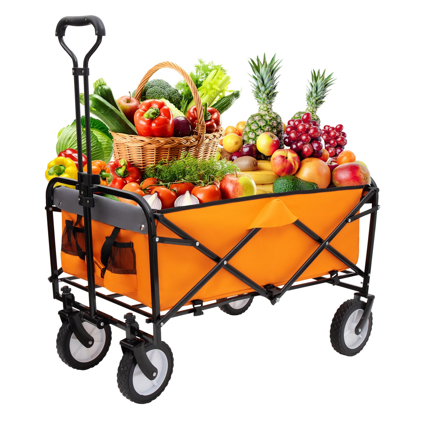 Collapsible Foldable Wagon Cart with strapping system Beach Wagon Utility Cart Utility Wagon Grocery Cart for for Camping Shopping Sports Gardeing Fishing Supports 360lbs All-Terrain Wheels orange