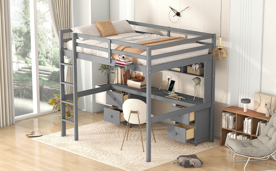 Full Size Loft Bed with Desk, Cabinets, Drawers and Bedside Tray, Charging Station, Gray