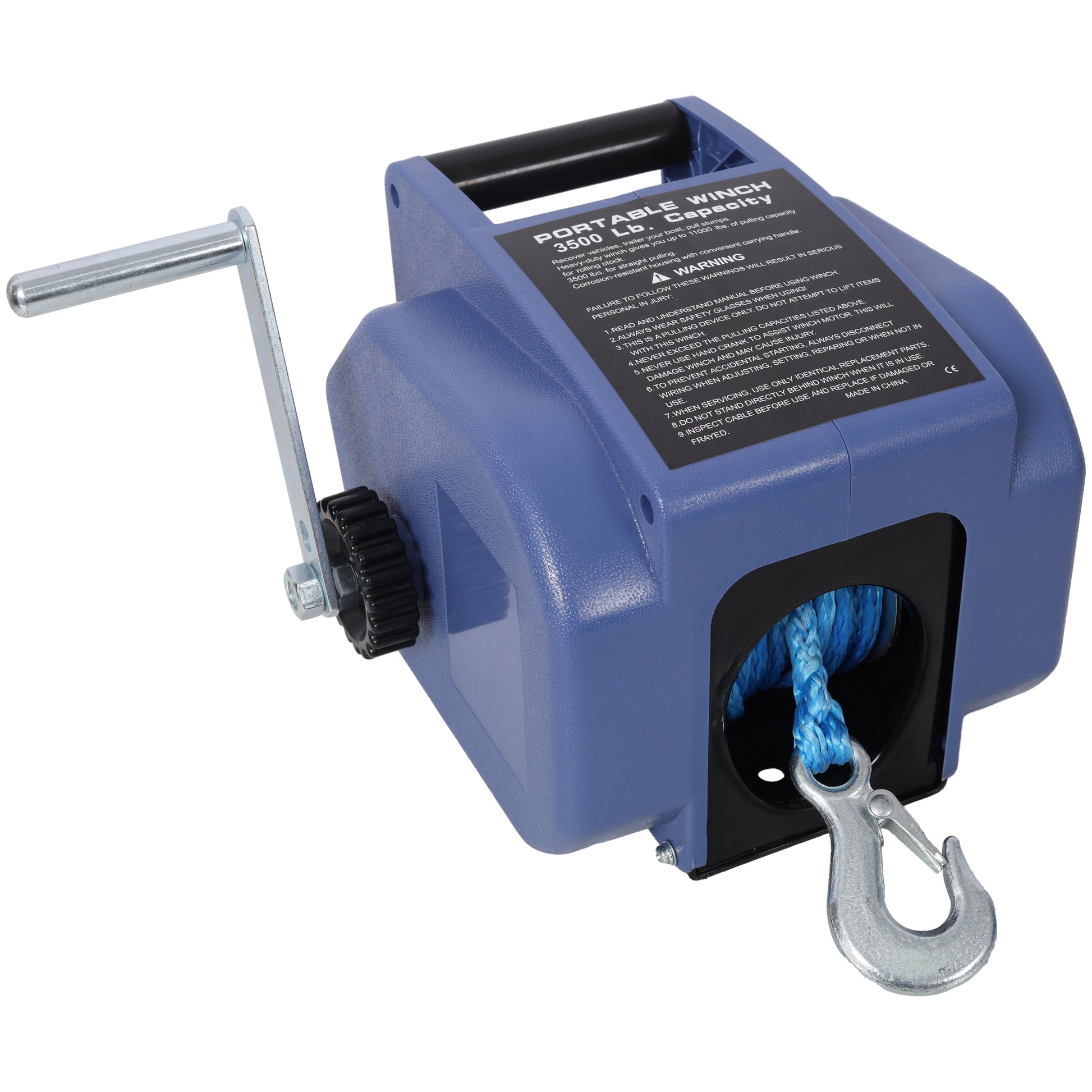 12v Trailer Winch,Reversible Electric Winch, for Boats up to 6000 lbs.,with synthetic rope,with extra pulley hook,power in and power out,with manual function.blue plastic casing SolidRoot Buy Furniture USA