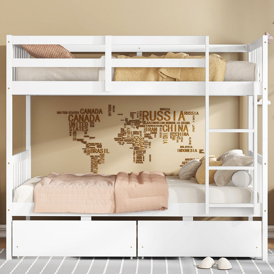 Twin Over Twin Rubber Wood Bunk Bed with 2 Drawers, Convertible into 2 Twin Beds, Twin Size Bunk Bed with Ladder and Safety Guardrails ,White SolidRoot Buy Furniture USA