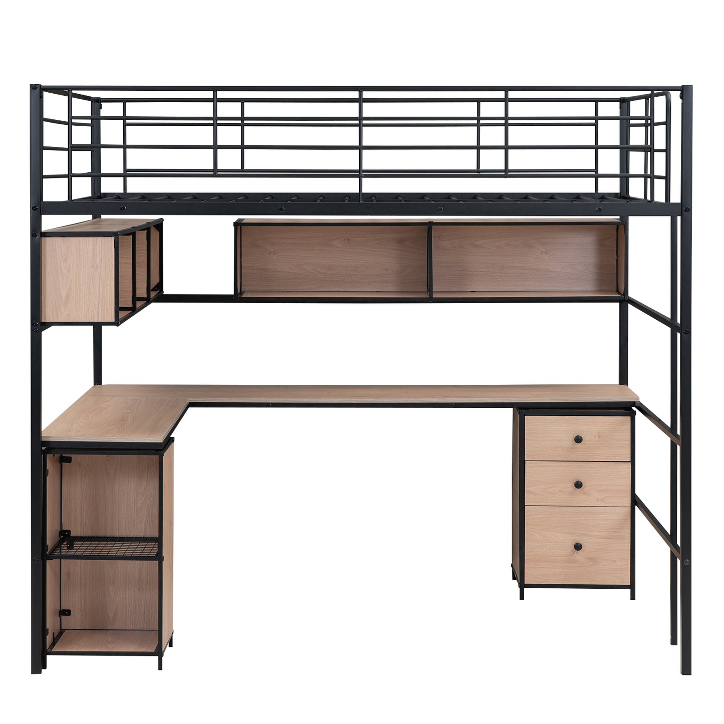 Metal Loft Bed with bookcase, desk and cabinet, Full, Black