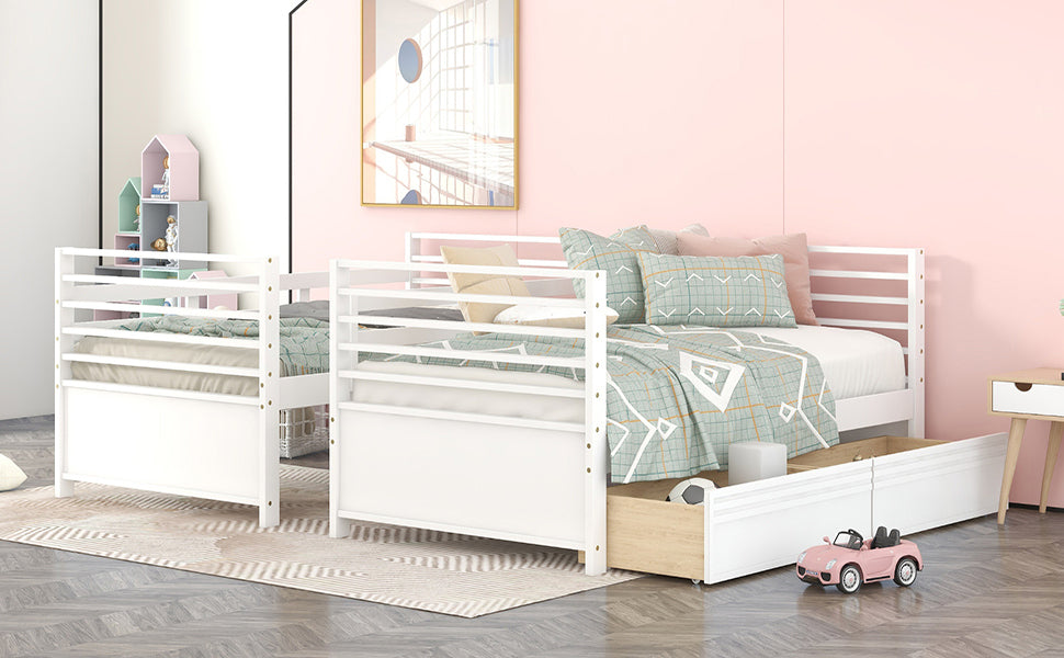 Twin over Twin Wood Bunk Bed with Two Drawers - White