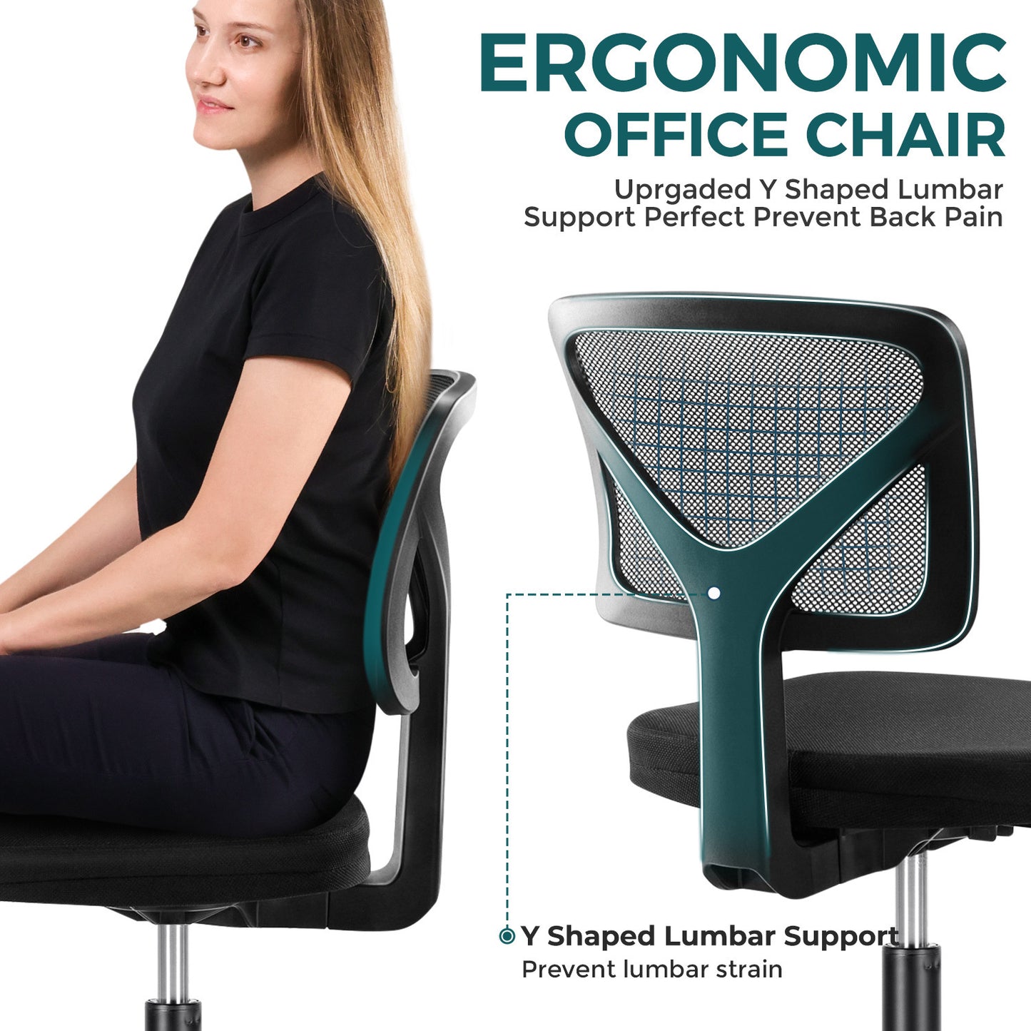 Sweetcrispy Armless Desk Chair Small Home Office Chair with Lumbar Support