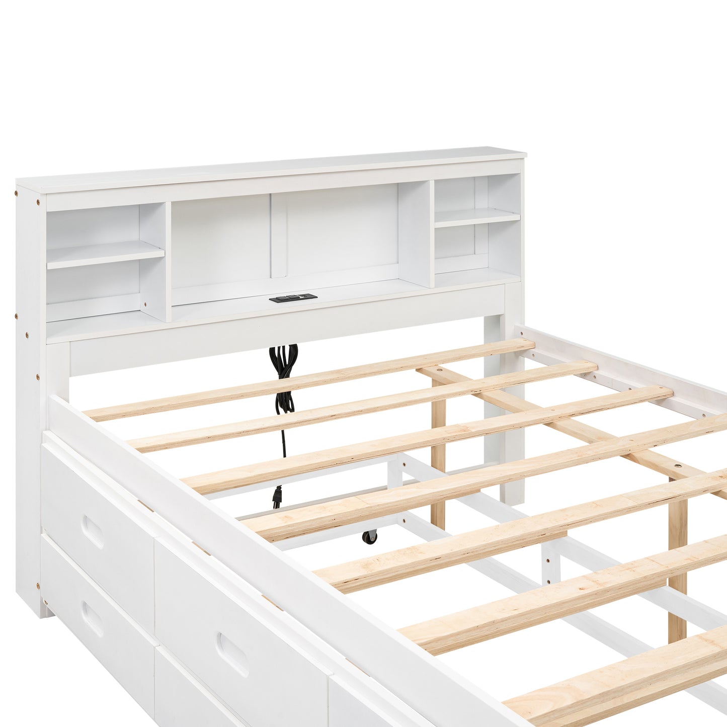 Full Size Platform Bed with Storage Headboard, USB, Twin Size Trundle and 3 Drawers, White