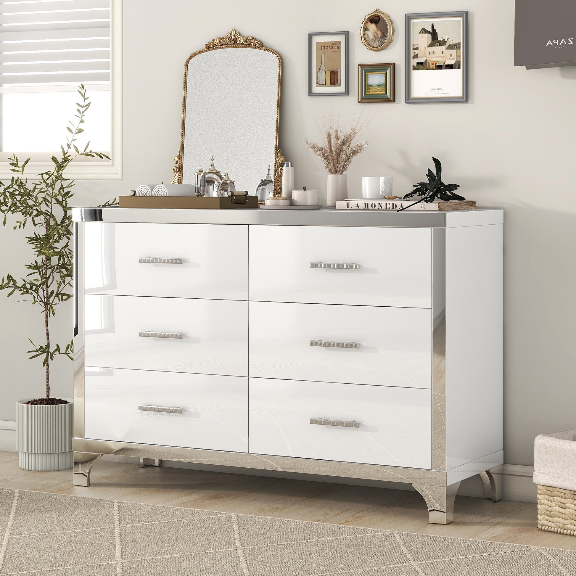 Elegant High Gloss Dresser with Metal Handle,Mirrored Storage Cabinet with 6 Drawers for Bedroom,Living Room,White SolidRoot Buy Furniture USA