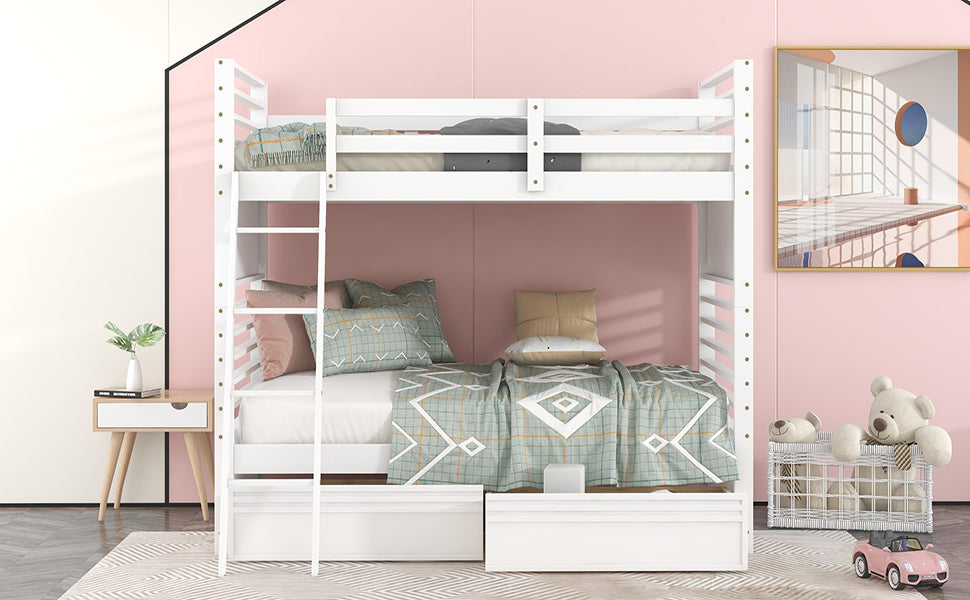 Twin over Twin Wood Bunk Bed with Two Drawers - White