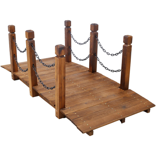 5 FT Wooden Garden Bridge, Stained Wood Arc Footbridge with Chain Railings for Backyard Creek Farm, Decorative Pond Bridge, Easy to Assemble (Brown) Livingsource