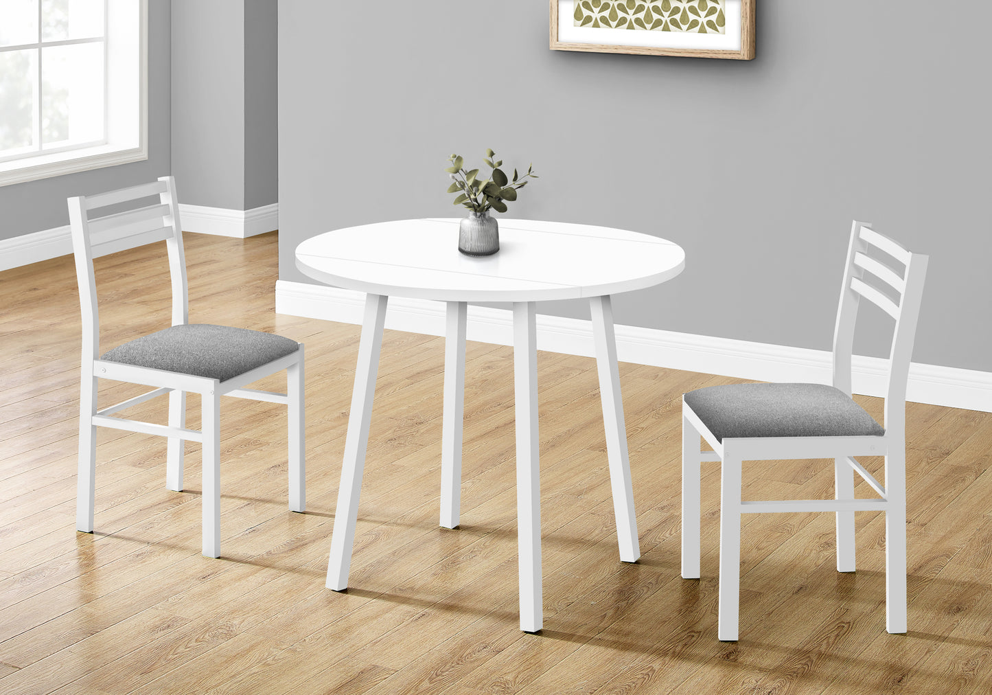 Dining Table Set, 3pcs Set, Small, 35" Drop Leaf, Kitchen, White Metal And Laminate, Grey Fabric, Contemporary, Modern