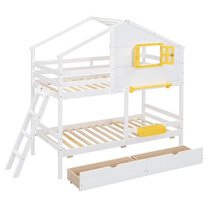 Twin Over Twin Bunk Bed with Playhouse Roof and Window, White, Solid Wood SolidRoot Buy Furniture USA