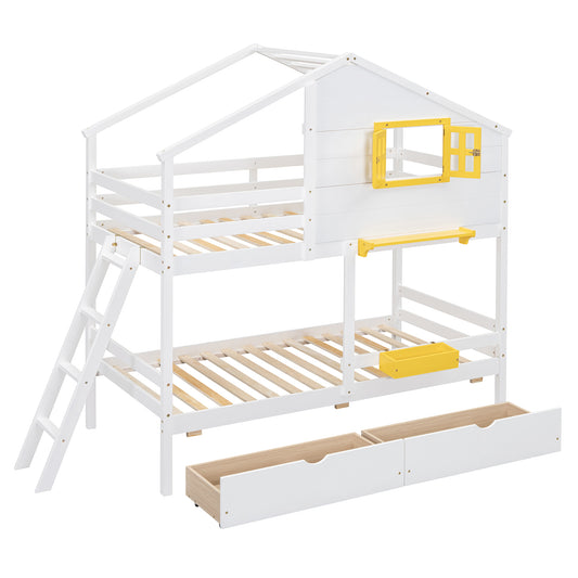 Twin Over Twin Bunk Bed with Playhouse Roof and Window, White, Solid Wood SolidRoot Buy Furniture USA