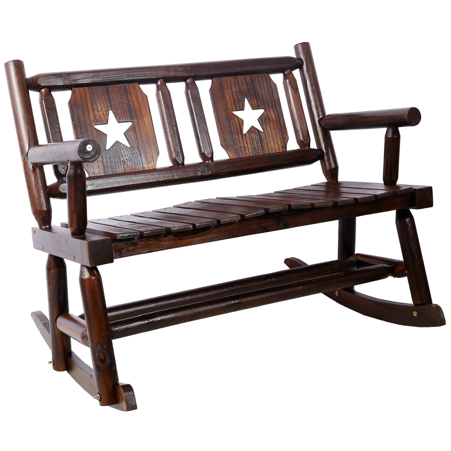 Outdoor Wood Rocking Bench Carbonized Double Rocking Chair for 2 Persons with Wide Curved Seat, Porch Rocker for Porch, Garden, Backyard,  Rustic Brown