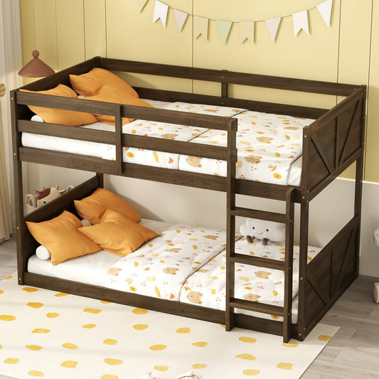 Twin over Twin Floor Bunk Bed with Panelled Headboard and Footboard, Solid Rubber Wood Foundation with Safety Guardrails, Built-in ladder,Antique Oak SolidRoot Buy Furniture USA