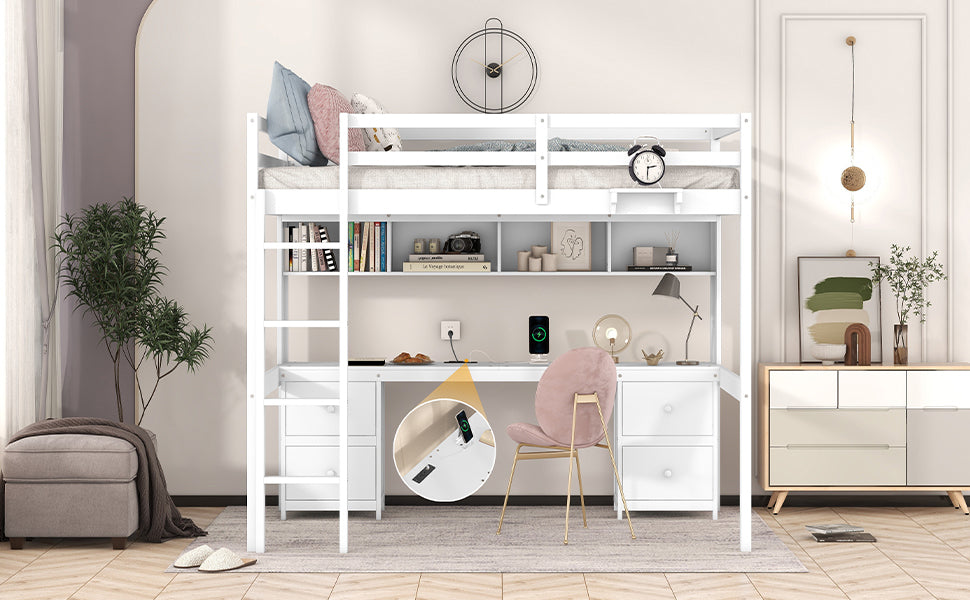 Full Size Loft Bed with Desk, Cabinets, Drawers and Bedside Tray, Charging Station, White