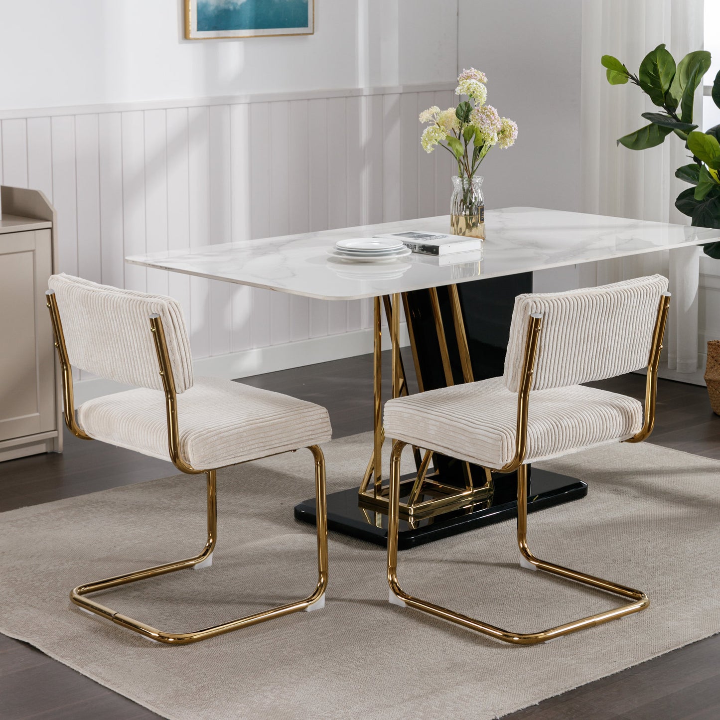 A&A Furniture,Modern Dining Chairs with Corduroy Fabric,Gold Metal Base, Accent Armless Kitchen Chairs with Channel Tufting,  Side Chairs, Set of 2, Beige